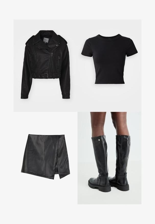 Kort zwart leren jack met ritssluiting, schouderepauletten en zijzakken. Beschikt over een tailleriem en een gladde textuur.; Zwart cropped t-shirt van stevige katoen, met korte mouwen en een ronde halslijn, met een glad en eenvoudig ontwerp.; Even&Odd by Zalando Minirok - black; Zwarte leren kniehoge laarzen met een gladde textuur, ronde neus, stevige zool en ritssluiting. Voorzien van een zilveren logo aan de zijkant.