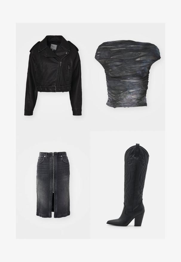 Chaqueta de cuero negro recortada con cierre de cremallera, hombreras y bolsillos laterales. Presenta una cintura ceñida con cinturón y una textura suave.; Top negro y translúcido con un diseño texturizado y en capas que presenta cortes horizontales. El material parece ligero con sutiles variaciones de color.; Falda de mezclilla negra con cremallera frontal, dos bolsillos laterales, diseño de longitud media y un ligero desgaste. Presenta un corte recto y bordes dobladillos.; Zign by Zalando LEATHER - Botas camperas - black