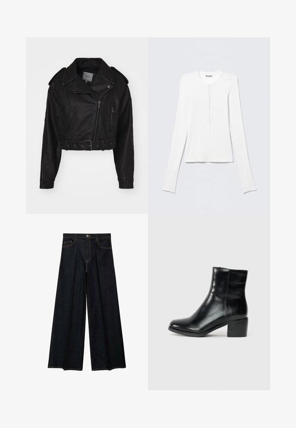 Kort zwart leren jack met ritssluiting, schouderepauletten en zijzakken. Beschikt over een tailleriem en een gladde textuur.; Wit Henley-shirt met lange mouwen, een ronde hals en een verticale rij kleine knopen middenvoor.; Wijde jeans in donkere denim, met een hoge taille, zijzakken en contrasterende stiksels. Soepele textuur met een verzorgde afwerking.; Zwarte leren enkellaars met een ronde teen, een gladde oppervlakte en een chunky hak. Beschikt over een subtiele textuur zonder zichtbare hardware.