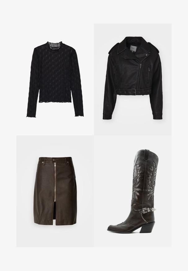 Veste en cuir noir coupée avec fermeture éclair, épaulettes, et poches latérales. Présente une taille ceinturée et une texture lisse.; Haut noir à manches longues avec une texture côtelée transparente, doté un col montant froncé et une taille courte.; Jupe en cuir brun avec fermeture éclair à l'avant, présentant une fente à l'avant. Texture lisse avec des coutures visibles et des accents métalliques.; Botte de cowboy en cuir noir avec découpes décoratives, boucle argentée et talon incliné, présentée sur fond blanc.