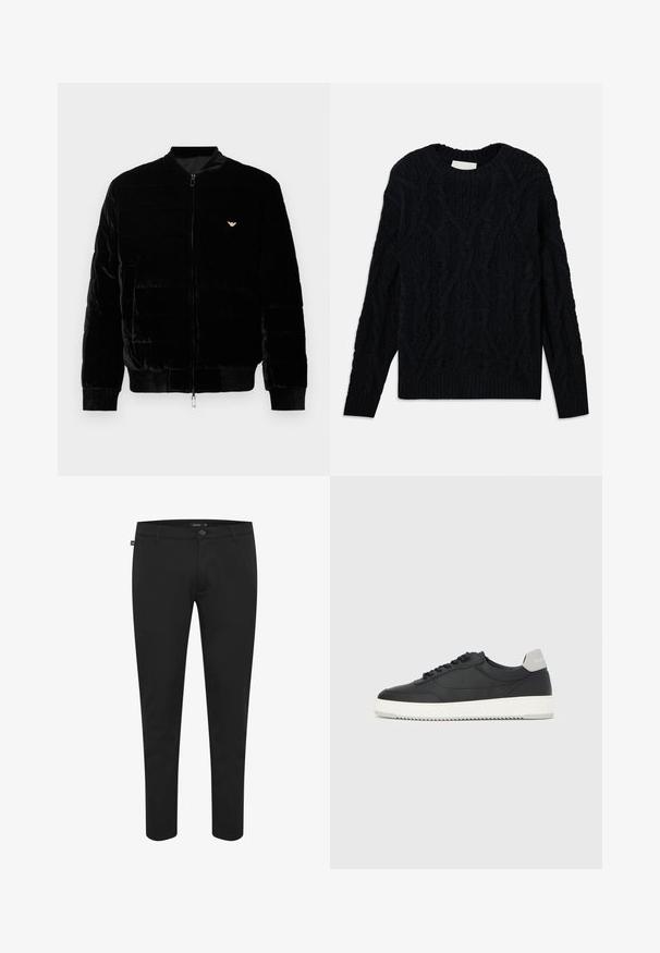 Chaqueta bomber negra con cierre de cremallera, hecha de material suave. Presenta un diseño acolchado horizontal, puños de canalé y un pequeño logo dorado en el pecho.; Sweater de punto grueso en color azul marino oscuro con cuello redondo, patrón texturizado y dobladillo y puños acanalados. Fabricado con un material textil grueso.; Pantalones negros de tela suave. Cuentan con un cierre de botón, pasadores para cinturón y un diseño ajustado con perneras estrechas. Sin patrones visibles.; Zapatilla deportiva negra de caña baja con suela blanca y lengüeta gris en el talón, vista lateral sobre un fondo blanco liso.
