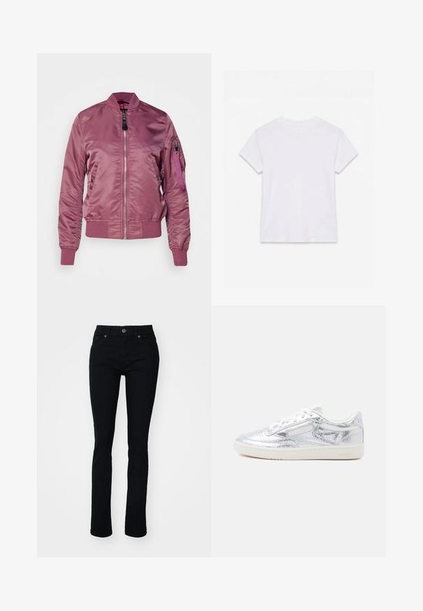 Bomberjack in zacht mauve, gemaakt van glad satijn. Beschikt over een ritssluiting aan de voorkant, zijzakken en een ritszak op de mouw met een stoffen label.; Effen wit katoenen T-shirt met korte mouwen en ronde hals, plat gelegd op een witte achtergrond.; Zwarte denim jeans met een slim fit, vijf-pocket ontwerp, ritssluiting en knoopsluiting. Glad textuur en lichte rek voor comfort.; Low-top sneaker met witte zool, metallic zilverkleurig gestructureerd bovenwerk, witte veters en subtiel merkembleem op grijze achtergrond.
