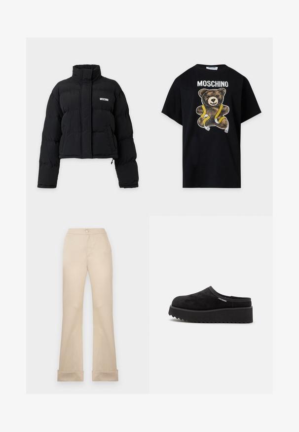 Mustast cropitudega pufferjope kõrge kraega, pikkade varrukatega, esitaskutega ning valge Moschino logoga rinnal.; Must Moschino t-särk, millel on all kaubamärgi nime all prinditud kollase-valge mõõdulindiga mähitud kaisukaru.; Bežid, kõrge vöökohaga plisseeritud püksid esipaneeli nööbiga, lamedate esipindadega ja rullitud äärtega. Sile tekstuur ja kohandatud disain.; Mustad slip-on platvormkingad paksu soonilise tallaga ja pehme pealismaterjaliga, millel on külje peal väike "I Love Moschino" silt.