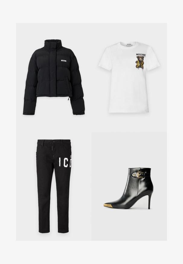 Sort cropped puffjakke med høj krave, lange ærmer, frontlommer og hvidt Moschino-logo på brystet.; Hvid t-shirt med korte ærmer med en lille brun teddybjørn indpakket i et gult målebånd og tekst "MOSCHINO" på øverste venstre bryst.; Sorte denim jeans med slim fit. Har hvid grafisk tekst på fronten, fem lommer og knaplukning. Glat tekstur.; Sort ankelstøvle lavet af skinnende læder med spids tå, stilet hæl og guldfarvet hardware med en dekorativ spænde-detalje.