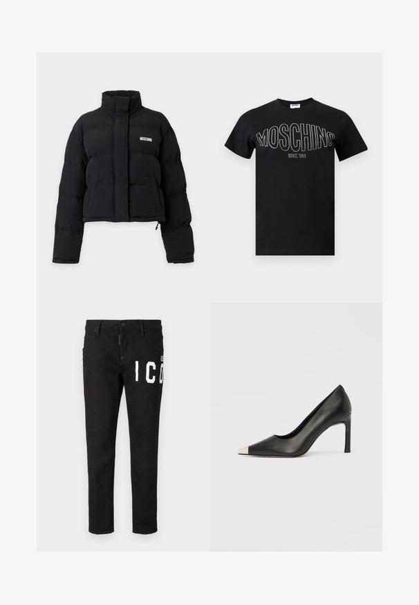 Schwarze kurze Steppjacke mit hohem Kragen, langen Ärmeln, Fronttaschen und weißem Moschino-Logo auf der Brust.; Schwarzes Baumwoll-T-Shirt mit rundem Ausschnitt und kurzen Ärmeln. "MOSCHINO" aus Strasssteinen quer über der Brust, darunter "SINCE 1983".; Schwarze Denim-Jeans mit schmaler Passform. Merkmale sind weißer Grafiktext auf der Vorderseite, fünf Taschen und ein Knopfverschlus. Glatte Textur.; Schwarzer Lederschuh mit hohem Absatz, spitz zulaufender Zehenpartie und metallischer silberner Spitze. Verfügt über eine glatte Oberfläche und einen schlanken 10 cm hohen Absatz.