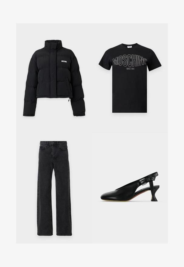 Sort cropped puffjakke med høj krave, lange ærmer, frontlommer og hvidt Moschino-logo på brystet.; Sort bomuld t-shirt med rund halsudskæring og korte ærmer. "MOSCHINO" i rhinsten over brystet, med "SINCE 1983" nedenunder.; Sorte denimjeans med bred ben-design, der har en klassisk fem-lomme stil, knaplukning og diskret falmning.; Sort læder slingback-sko med spids tå, sølvspænde på remmen og udvidet lille hæl på beige sål mod en ensfarvet baggrund.