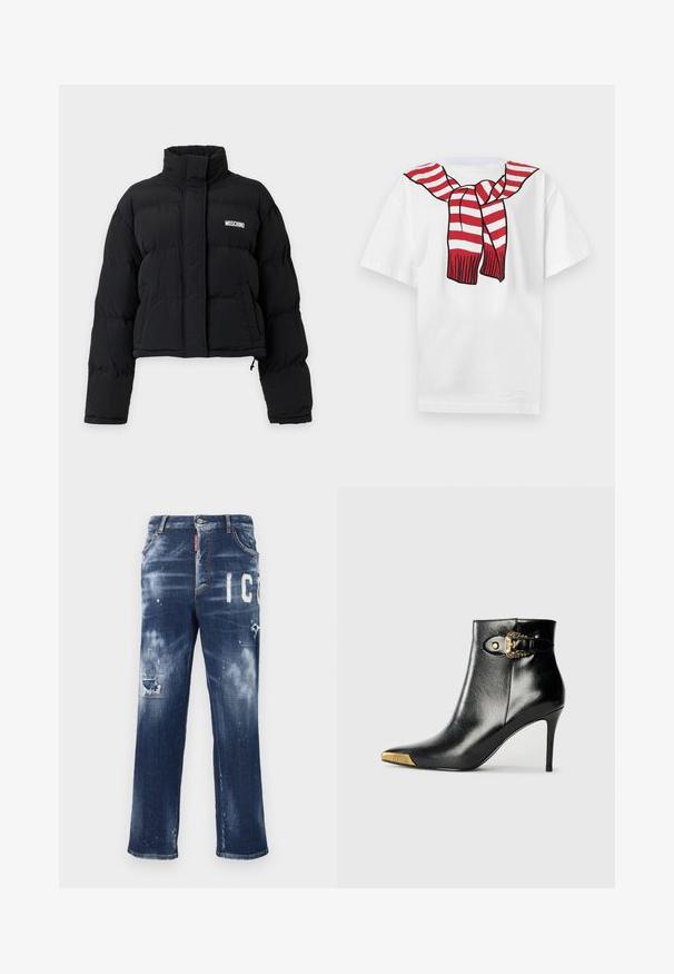 Sort cropped puffjakke med høj krave, lange ærmer, frontlommer og hvidt Moschino-logo på brystet.; Hvid T-shirt med korte ærmer og et trykt rødt og hvidt stribet tørklæde bundet omkring halsen på forsiden.; Mørkeblå denimjeans med slidte lapper, lyse malingspletter og fed hvid tekst. Straight leg design med en klassisk pasform.; Sort ankelstøvle lavet af skinnende læder med spids tå, stilet hæl og guldfarvet hardware med en dekorativ spænde-detalje.