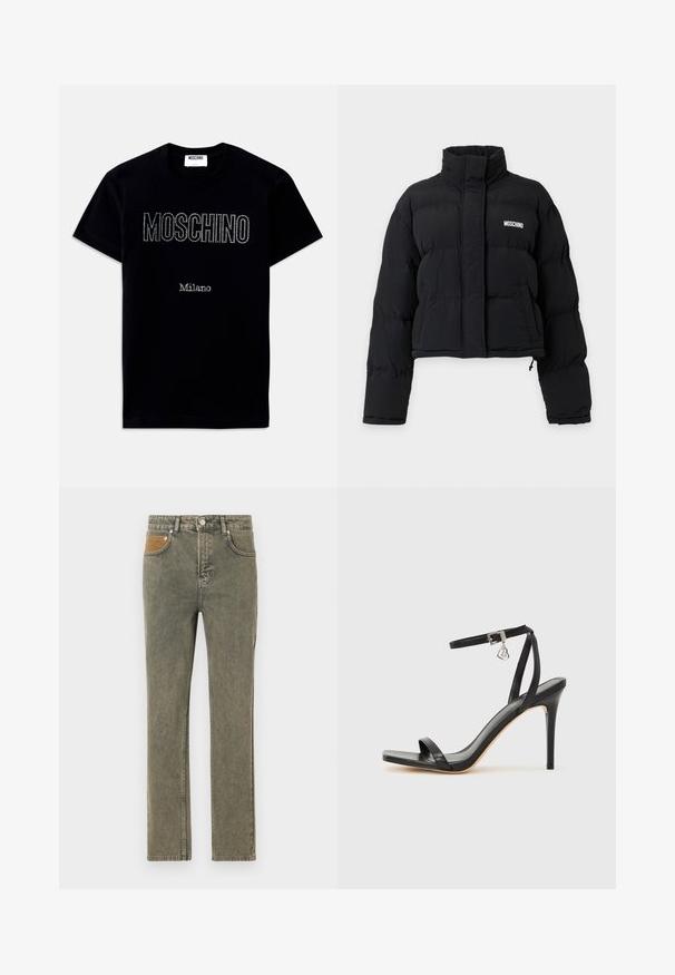 Schwarze kurze Steppjacke mit hohem Kragen, langen Ärmeln, Fronttaschen und weißem Moschino-Logo auf der Brust.; Schwarzes T-Shirt mit kurzen Ärmeln mit den Schriftzügen "MOSCHINO" und "Milano" in kleinen Strasssteinen, mittig auf der Vorderseite.; Grüne Denim-Jeans mit geradem Bein, die eine braune Korduroytasche als Akzent und zarte Verwaschungen im Stoff aufweisen.; Schwarze High-Heel-Sandale mit schmalem Knöchelriemen, quadratischer Zehenbox, glattem Leder und metallischem Schnallenakzent.