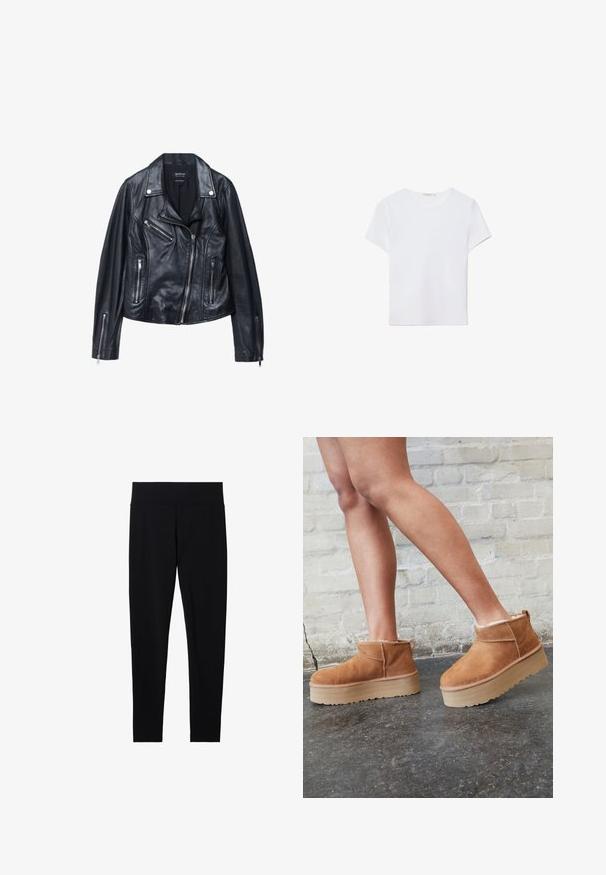 Veste de moto en cuir noir avec un col à revers, fermeture éclair frontale asymétrique et plusieurs poches zippées. Texture lisse et design ajusté.; T-shirt blanc à manches courtes en tissu doux. Dispose d'un col rond et d'un design simple et épuré avec un ourlet droit.; Leggings noirs taille haute avec coupe slim longue, taille lisse, présentés sur fond blanc.; Bottines en suède marron avec une doublure en peluche, semelle épaisse en beige et une poignée à l'arrière. Surface texturée avec des détails de couture visibles.