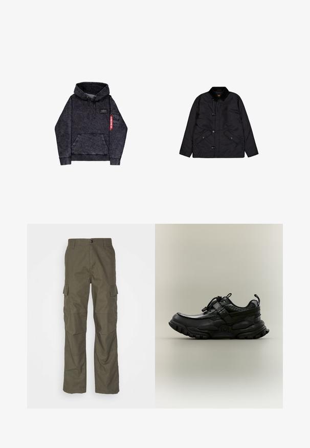 Sort quiltet jakke med et kordfløjlskrab, front knaplukning, to sidelommer og en glat tekstur.; Sort melange hoodie med kængurulomme, justerbar snor i hætten, logo-patch på brystet og sidelomme med rødt mærke.; Olivenfarvede cargo bukser med lige snit, lavet af tekstureret stof. Har store sidelommer og knaplukning.; Sort chunky atletiksko med justerbar rem, snørelås og robust sål, vist i sideprofil på neutral baggrund.