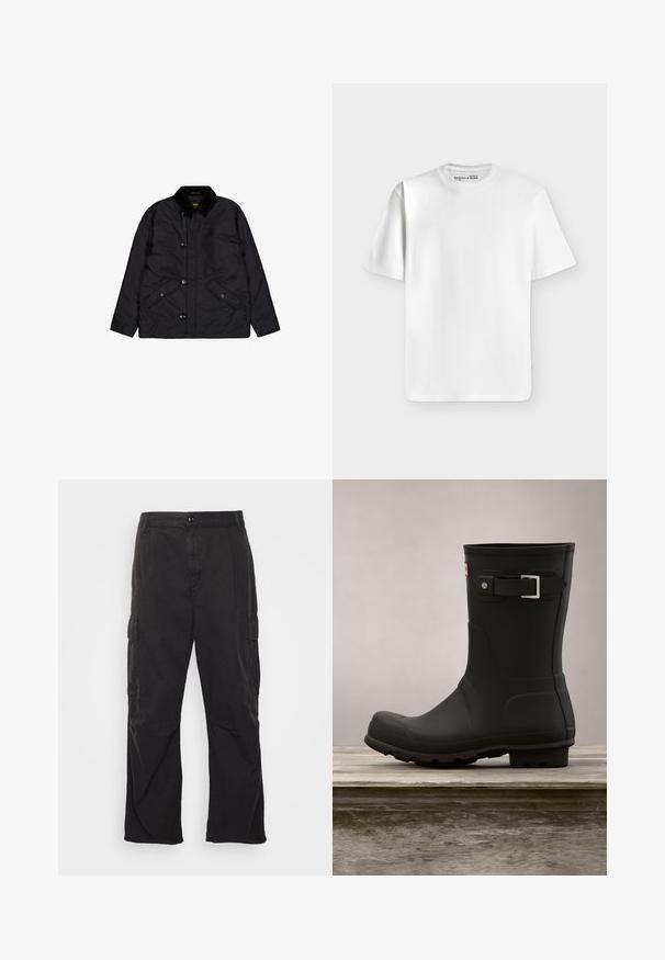 Sort quiltet jakke med et kordfløjlskrab, front knaplukning, to sidelommer og en glat tekstur.; Klassisk hvid T-shirt med korte ærmer og rund hals lagt fladt på en lysegrå baggrund med et lille mærke inde i halsudskæringen.; Sorte cargo bukser med lige ben, der har to sidelommer, knaplukning og en struktureret stof.; Sorte gummistøvler med lav hæl, rund tå og en sølv spændeaccent. Har en tekstureret sål for godt fodfæste.