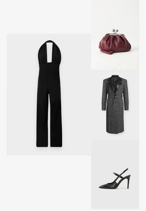 Lange grijze visgraatjas met zwarte leren revers, gürtel in de taille, enkele knoop en lange mouwen.; Zwarte halter jumpsuit met een diepe halslijn, geplooide bodice en een wijde broekspijp. De stof heeft een gladde textuur en een consistente kleur.; Zwarte leren slingback pumps met hoge hak, puntige neus, opengewerkt ontwerp en verstelbare band met metalen beslag.; Kleine bordeauxrode leren clutch-portemonnee met zilverkleurige metalen sluiting en polsbandje op een witte achtergrond.