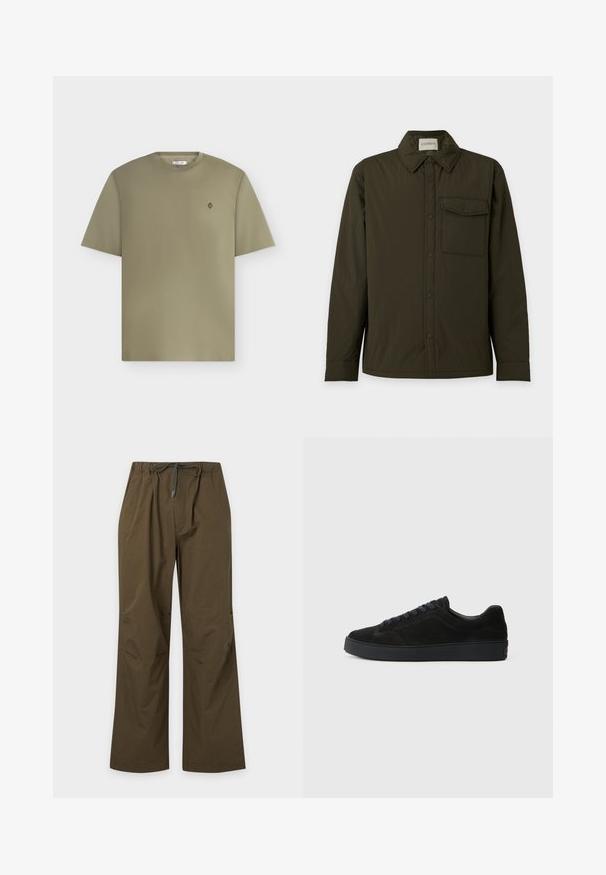 Chemise à manches longues boutonnée vert foncé avec un col pointu et une seule poche poitrine avec rabat et fermeture par bouton.; T-shirt uni vert olive à manches courtes avec col rond et petit logo circulaire sur la poitrine gauche, sur fond neutre.; Pantalon décontracté vert olive avec taille élastique et cordon de serrage à l'avant, coupe droite et coupe décontractée.; Basket en suède noire avec une semelle plate et texturée, un bout rond, six œillets pour les lacets et un design minimaliste.