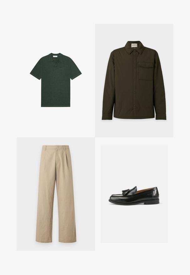 Chemise à manches longues boutonnée vert foncé avec un col pointu et une seule poche poitrine avec rabat et fermeture par bouton.; Polo vert foncé à manches courtes avec col, patte de boutonnage et logo « Les Deux » discrètement brodé sur la poitrine gauche.; Pantalon beige à jambes larges avec passants de ceinture, fermeture éclair devant, et plis, présenté sur fond blanc.; Mocassins en cuir noir avec un accent de gland, un bout arrondi et une finition lisse. La semelle est plate avec un motif de trottoir minimal.