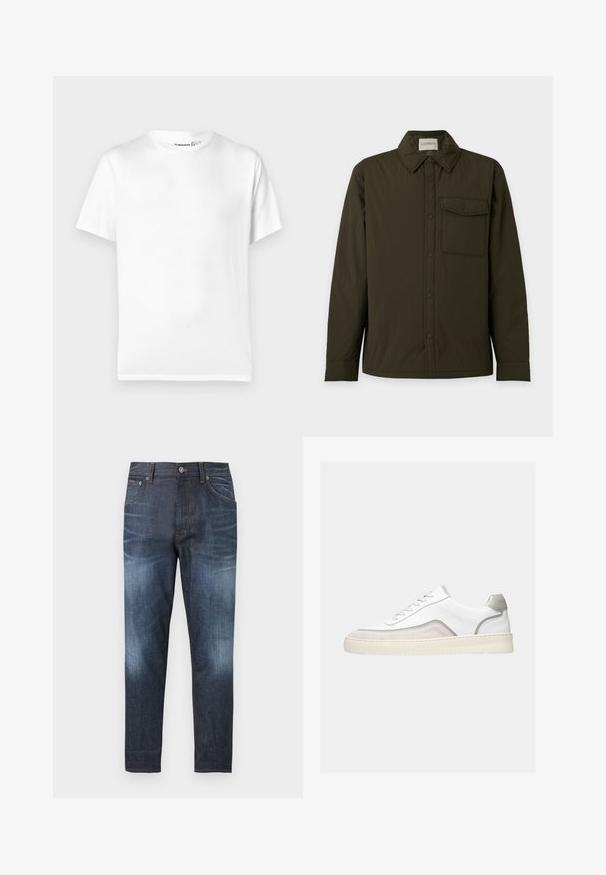 Chemise à manches longues boutonnée vert foncé avec un col pointu et une seule poche poitrine avec rabat et fermeture par bouton.; T-shirt en coton blanc avec un col rond classique, des manches courtes et un ourlet droit. Texture lisse, sans motifs ni accents.; Jean slim bleu foncé avec des zones délavées sur les cuisses et les genoux, poches avant, passants pour ceinture et fermeture par bouton à la taille.; Baskets basses blanches avec des touches de daim beige, des finitions grises, des lacets blancs et une semelle épaisse en caoutchouc blanc cassé, vues de côté sur un fond clair.