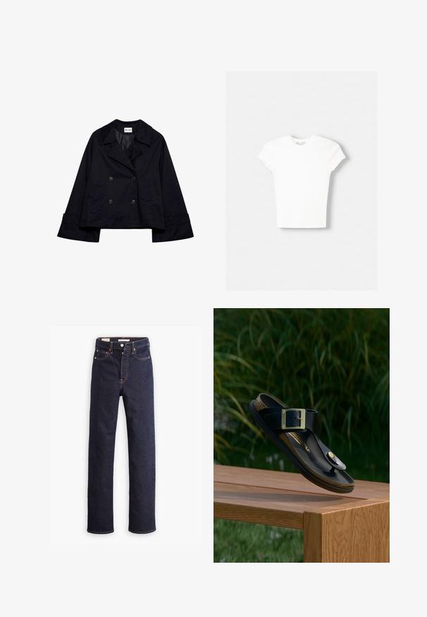 Veste cropped en bleu marine foncé avec un devant à double boutonnage, un large col, des manches larges et deux poches avant, fabriquée dans un tissu lisse.; T-shirt blanc à manches courtes en coton doux, avec un col rond et une coupe ajustée. Pas de motifs ni d'ornements visibles.; Jean en denim droit bleu foncé avec cinq poches et coutures orange visibles sur un fond blanc.; Sandale en cuir noir à lanière avec une grande boucle dorée flottant au-dessus d'un banc en bois, herbe verte et plantes en arrière-plan.