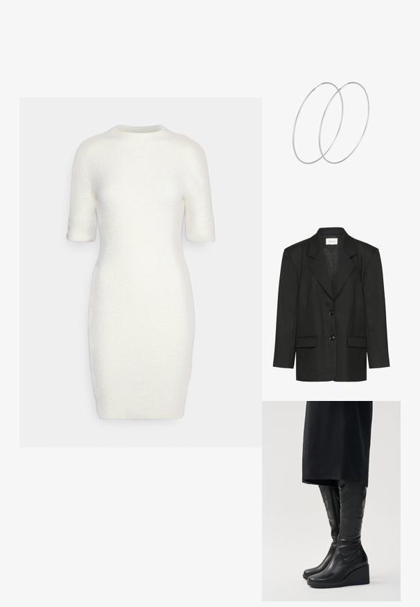 Schwarzer Blazer mit taillierter Passform, spitzen Revers, zwei Knöpfen und zwei Vordertaschen, gefertigt aus einem glatten, strukturierten Stoff.; Gestreiftes weißes Kleid mit kurzen Ärmeln. Figurbetonte Form, runder Ausschnitt, strukturierter Stoff und subtile Rippung mit umgeschlagenen Ärmeln.; Schwarz lederne kniehohe Stiefel mit Keilabsatz, ausgestattet mit einer glatten Oberflächenstruktur und einem seitlichen Reißverschluss. Entworfen mit einer schlanken, körperbetonten Silhouette.; Silberne Creolen mit minimalistischem Design. Rundform, glatte Oberfläche und dünnes Profil. Leichtgewichtig mit hochglänzender Oberfläche.