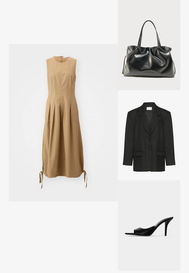Sort blazer med skræddersyet pasform, spidse revers, to knapper og to forlommer, lavet af et glat, struktureret stof.; Proenza Schouler White Label MARLEY DRESS IN TECH - Hverdagskjole - dark birch; Sort læder åben tå højhælet mule med en slank stilet hæl, vist i sideprofil på en ensfarvet baggrund.; Sort blank lædernet med to skulderstropper og en let rynket struktur, vist mod en ensfarvet lys baggrund.