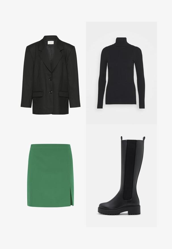 Blazer noir à coupe ajustée, revers crantés, deux boutons et deux poches avant, fabriqué dans un tissu lisse et texturé.; Pull noir à col roulé côtelé, doté de longues manches et d'une silhouette près du corps. La texture est lisse avec un motif de côtes horizontal.; Jupe mini verte avec une texture lisse, montrant une coupe droite et une fente latérale pour un détail supplémentaire. Design simple et sans ornements.; Bottes noires montantes en cuir lisse, avec des panneaux élastiques sur les côtés et une semelle épaisse texturée pour une meilleure adhérence.