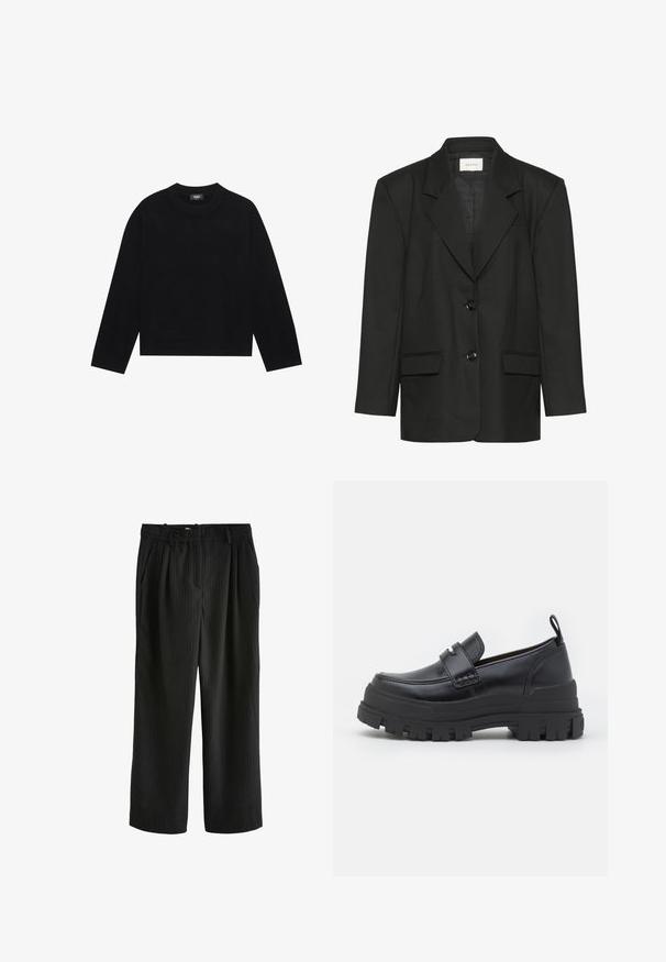Sort blazer med skræddersyet pasform, spidse revers, to knapper og to forlommer, lavet af et glat, struktureret stof.; Sort crew-neck sweater med lange ærmer, ribbede manchetter og kant, lavet af blødt materiale. Enkel, ren design uden mønstre eller aksenter.; Sorte vide benbukser med lodrette striber, med plisseret front, elastisk talje og en glat tekstur.; Sort læderloafer med tyk rillede sål, mok tå syning, remdetalje over toppen og trækstrop på hælen, vist i sideprofil.
