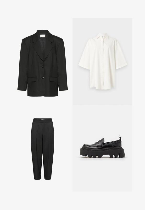 Sort blazer med skræddersyet pasform, spidse revers, to knapper og to forlommer, lavet af et glat, struktureret stof.; Hvid kortærmet skjorte med knapper, krave, lige kant og løs pasform på en ensfarvet lys baggrund.; Sorte skræddersyede bukser med plisseret front, smalle ben og en glat tekstur. Mellemhøj talje og ankel-længde.; Sorte læder loafers med en kraftig sort gummisål, der har skridsikre riller og et dekorativt bånd over forsiden.