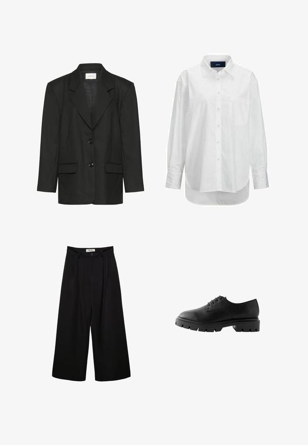 Blazer noir à coupe ajustée, revers crantés, deux boutons et deux poches avant, fabriqué dans un tissu lisse et texturé.; Chemise blanche à manches longues en coton doux avec un col boutonné, une poche à l'avant et un ourlet arrondi. Présente un empiècement au dos pour plus de structure.; Pantalon noir à jambes larges avec taille haute, présentant des plis à l'avant, deux poches latérales et une fermeture par bouton. Texture de tissu lisse.; Chaussure en cuir noir avec un bout rond, six œillets, lacets plats et une semelle en caoutchouc épaisse avec des motifs de semelle profonds.
