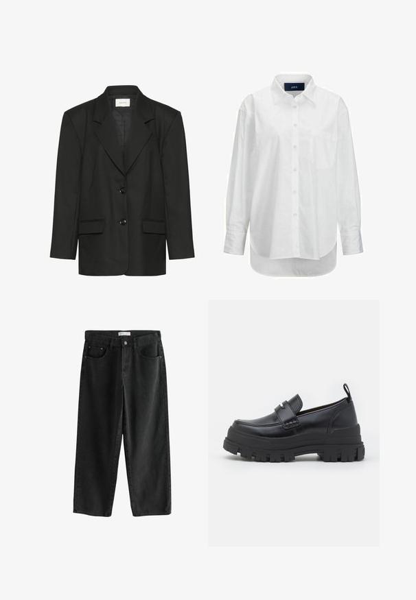 Sort blazer med skræddersyet pasform, spidse revers, to knapper og to forlommer, lavet af et glat, struktureret stof.; Hvid langærmet skjorte i glat bomuld med knapkrave, frontlomme og buet nederkant. Har en rygskulder for ekstra struktur.; Sorte denim bukser med brede ben og mellemhøj talje, der har to forlommer, en knappelukning og subtile syningsdetaljer.; Sort læderloafer med tyk rillede sål, mok tå syning, remdetalje over toppen og trækstrop på hælen, vist i sideprofil.