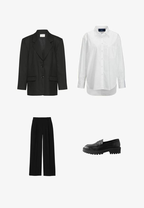 Sort blazer med skræddersyet pasform, spidse revers, to knapper og to forlommer, lavet af et glat, struktureret stof.; Hvid langærmet skjorte i glat bomuld med knapkrave, frontlomme og buet nederkant. Har en rygskulder for ekstra struktur.; Sorte bukser med høj talje og vidde i benene med bæltestropper og forreste presninger, vist på hvid baggrund.; Sort læder loafer med rund tå, hævet sømdetalje og kraftig gummisål med dybe riller for bedre greb.
