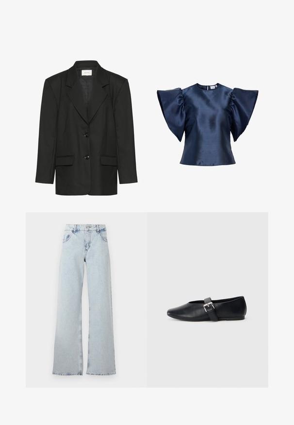 Blazer negro con corte entallado, solapas pico, dos botones y dos bolsillos delanteros, confeccionado en una tela suave y texturizada.; Blusa de satén azul marino con mangas anchas fruncidas en forma de mariposa y escote redondo, con un pequeño cierre con botón en la parte trasera.; Jeans de pierna ancha de color azul claro, hechos de mezclilla, con una cintura alta, trabillas para el cinturón, cinco bolsillos y áreas desteñidas para un aspecto vintage.; Zapatos planos de cuero negro con un diseño de punta redondeada, que presentan una correa con hebilla lateral y una textura suave. Suela de perfil bajo para un fácil uso.