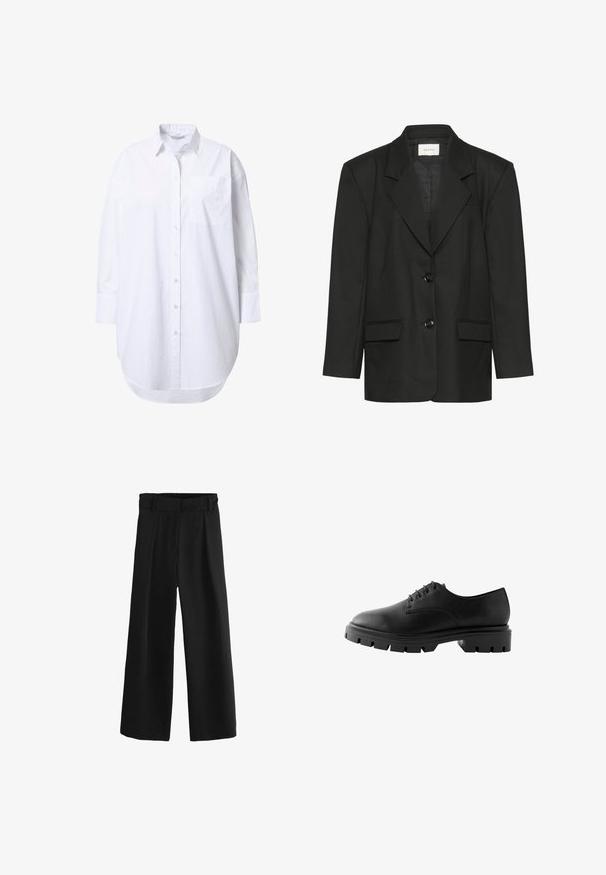 Sort blazer med skræddersyet pasform, spidse revers, to knapper og to forlommer, lavet af et glat, struktureret stof.; Overdimensioneret hvid skjorte med lange ærmer, spidst krave, forlommer og let buet nederkant.; Sorte brede bukser med høj talje, dekoreret med folder og en glat, vævet tekstur. Lavet af blødt stof for komfort.; Sorte lædersko med rund tå, seks snørrehuller, flade snørebånd og en kraftig gummisål med dybe mønstre.