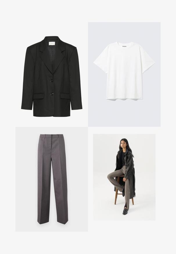 Sort blazer med skræddersyet pasform, spidse revers, to knapper og to forlommer, lavet af et glat, struktureret stof.; Hvid T-shirt med korte ærmer og rund halsudskæring med en afslappet pasform og et "WEEKDAY" mærke på indersiden af nakken bagtil.; Grå skræddersyede bukser lavet af struktureret stof, med lige ben, flad front og bæltestropper.; Sort læder trench coat med knapper og bælte detalje, parret med lysebrune tætsiddende bukser og sorte loafers, siddende på en træstol.