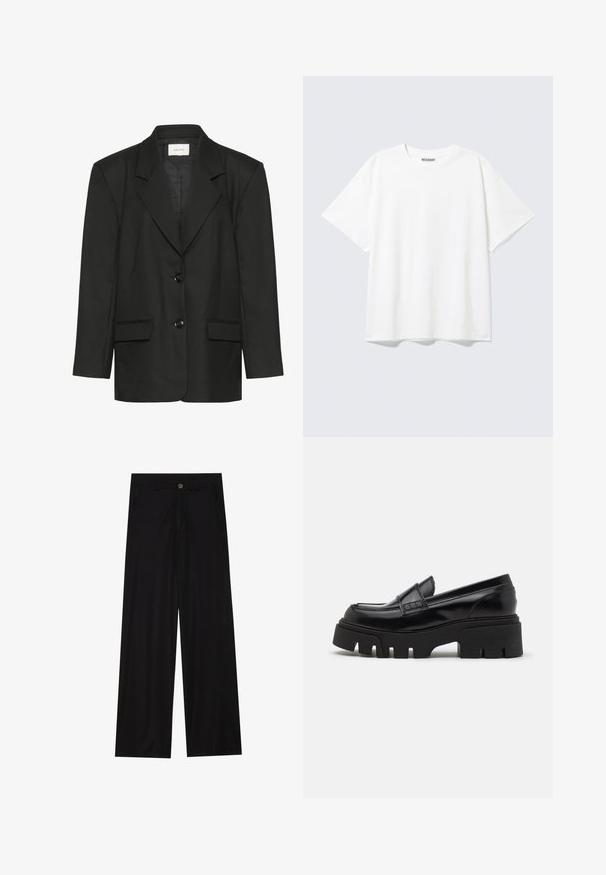 Blazer negro con corte entallado, solapas pico, dos botones y dos bolsillos delanteros, confeccionado en una tela suave y texturizada.; Camiseta blanca de manga corta con cuello redondo y un ajuste holgado, con una etiqueta "WEEKDAY" en la parte interior trasera del cuello.; Pantalones negros de pierna ancha hechos de una tela suave, con bolsillos delanteros y cierre de botón en la cintura. Diseño minimalista sin patrones.; Mocasines de cuero negro con una suela de plataforma gruesa y texturizada, y una correa decorativa en la parte superior. Acabado liso y brillante.