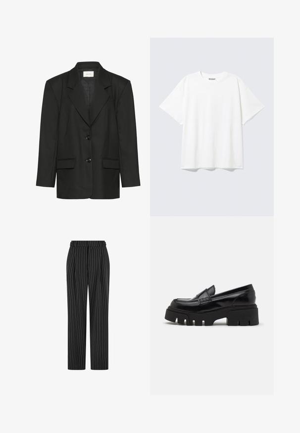 Sort blazer med skræddersyet pasform, spidse revers, to knapper og to forlommer, lavet af et glat, struktureret stof.; Hvid T-shirt med korte ærmer og rund halsudskæring med en afslappet pasform og et "WEEKDAY" mærke på indersiden af nakken bagtil.; Sorte pinstripe bukser med høj talje, plisseret front og lige ben design. Stoffet ser struktureret ud og er skræddersyet til et formelt look.; Sorte læder loafers med en chunky, tekstureret platformssål og en dekorativ rem over toppen. Glat, blank finish.