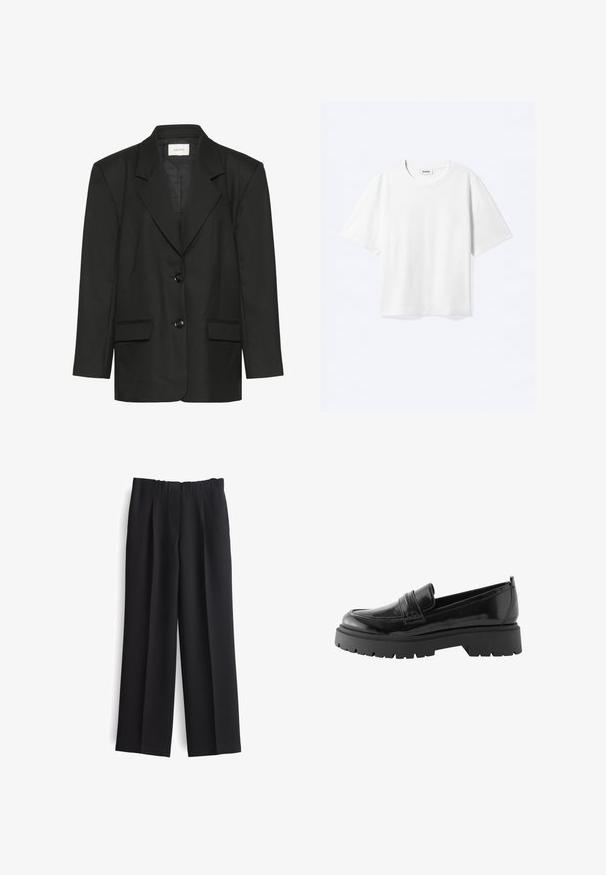 Schwarzer Blazer mit taillierter Passform, spitzen Revers, zwei Knöpfen und zwei Vordertaschen, gefertigt aus einem glatten, strukturierten Stoff.; Weißes T-Shirt mit kurzen Ärmeln und Rundhalsausschnitt mit geradem Saum, innen mit gebrandetem "WEEKDAY"-Label am Kragen.; Schwarze, weite Hosen aus einem weichen, strukturierten Stoff. Mit einem elastischen Bund und zwei Seitentaschen. Gefälteter Vorderdesign.; Schwarze Lackleder-Slipper verfügen über eine niedrige Plateausohle mit einer robusten Profilsohle und einer genähten Detail über dem Mittelfuß.