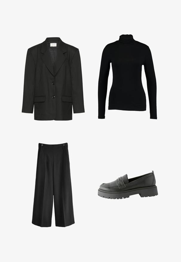 Sort blazer med skræddersyet pasform, spidse revers, to knapper og to forlommer, lavet af et glat, struktureret stof.; Sort langærmet turtleneck top lavet af glat stof, med et tætsiddende design og høj hals, velegnet til lag-på-lag brug eller som en selvstændig beklædningsgenstand.; Svarte breddebenede bukser med høj talje, lavet af glat stof. Har to forlommer og to knapper ved linningen.; Sorte læder loafers med en tekstureret overflade, fremtrædende syning og en tykk sort gummisåle med mønster.