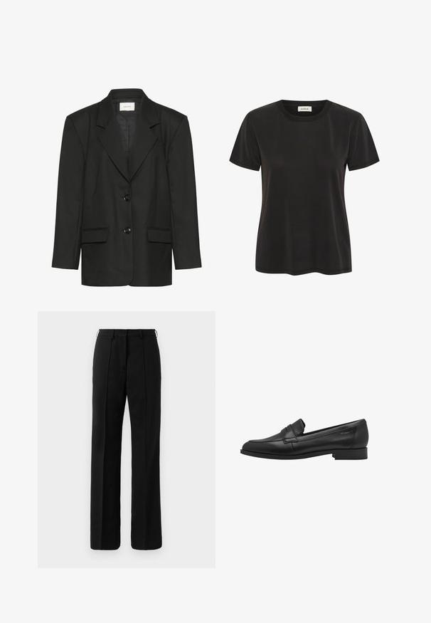 Sort blazer med skræddersyet pasform, spidse revers, to knapper og to forlommer, lavet af et glat, struktureret stof.; Sort T-shirt med korte ærmer og rund hals med en lige kant og et "soaked" mærke på indersiden af kraven.; Sorte skræddersyede lige ben bukser med bæltestropper og pressefold langs forsiden, vist mod en neutral baggrund.; Sort læder loafersko med en glat tekstur, rund tå og en lille hævet stroppedesign. Har en lav, solid hæl.