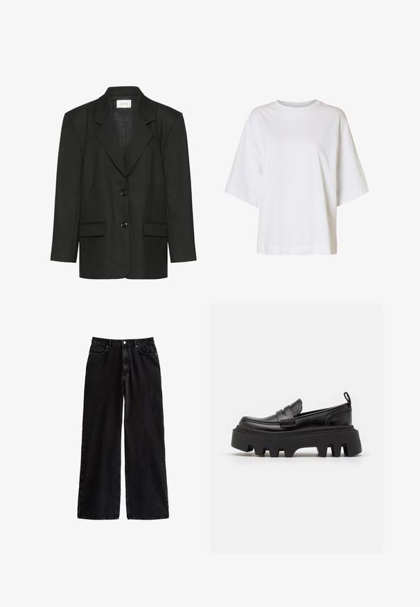 Blazer negro con corte entallado, solapas pico, dos botones y dos bolsillos delanteros, confeccionado en una tela suave y texturizada.; Camiseta blanca de manga corta y ajuste holgado, con hombros caídos y cuello redondo sobre un fondo liso.; Pantalones de denim negros de pierna ancha con una cintura alta, que cuentan con un clásico diseño de cinco bolsillos y un cierre de botón, fabricados con una resistente tela de algodón.; Mocasines de cuero negro con una suela de goma negra gruesa, que cuentan con ranuras antideslizantes y una correa decorativa en la parte delantera.