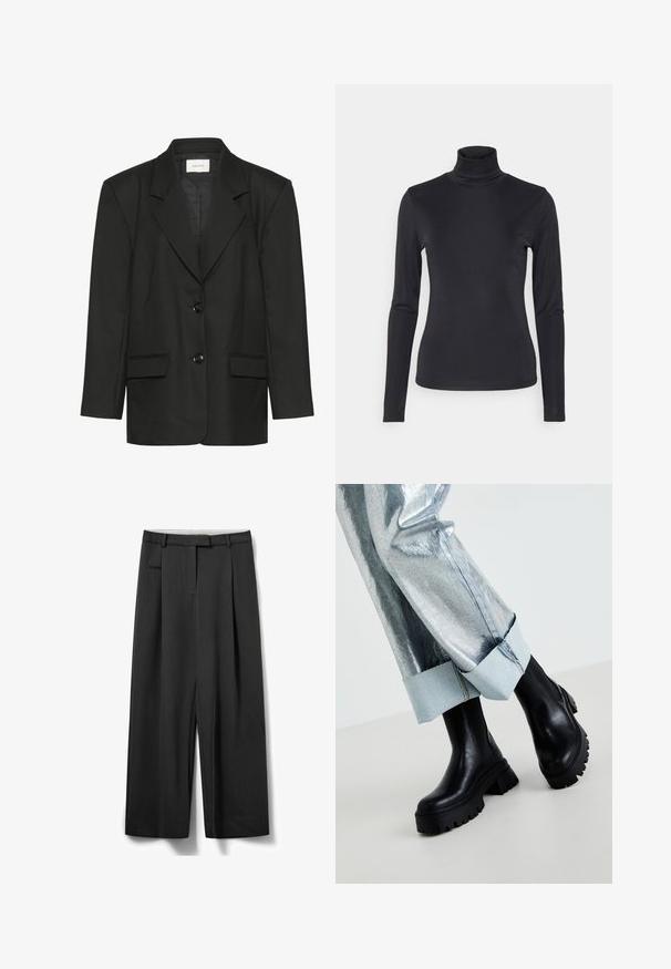Blazer noir à coupe ajustée, revers crantés, deux boutons et deux poches avant, fabriqué dans un tissu lisse et texturé.; Haut noir à col roulé à manches longues en tissu lisse et extensible. Présente une coupe ajustée et un col haut. Style minimaliste, sans motifs visibles.; Pantalon noir ample en tissu à texture lisse, avec des plis, une poche latérale et une taille avec passants pour ceinture.; Bottines noires épaisses à la cheville avec des semelles texturées, portées avec un pantalon argent métallique doté d'un revers en denim clair. Design minimaliste, matériaux élégants.