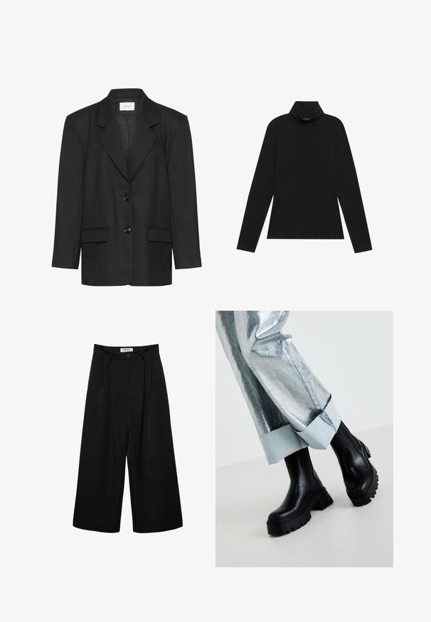 Blazer noir à coupe ajustée, revers crantés, deux boutons et deux poches avant, fabriqué dans un tissu lisse et texturé.; Turtleneck à manches longues noir. Tissu doux, design près du corps, col montant et coutures latérales. Style simple et polyvalent, idéal pour le superposition.; Pantalon noir à jambes larges avec taille haute, présentant des plis à l'avant, deux poches latérales et une fermeture par bouton. Texture de tissu lisse.; Bottines noires épaisses à la cheville avec des semelles texturées, portées avec un pantalon argent métallique doté d'un revers en denim clair. Design minimaliste, matériaux élégants.