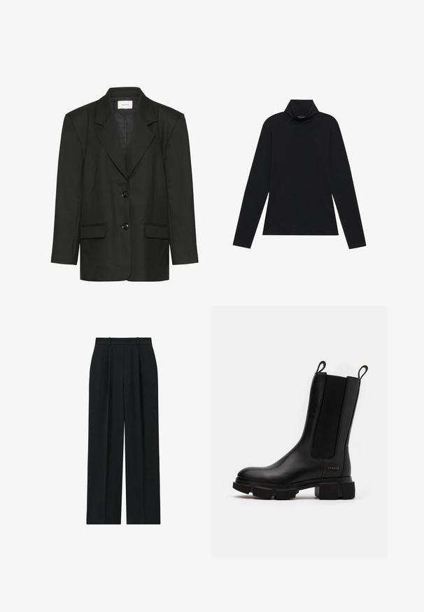 Zwarte blazer met een getailleerde pasvorm, scherpe revers, twee knopen en twee voorzakken, gemaakt van een gladde, gestructureerde stof.; Zwarte langetermijn turtleneck. Zachte stof, getailleerd design, hoge kraag en zijnaad. Eenvoudige en veelzijdige stijl die geschikt is voor het laagjes dragen.; Reiss PETITE FIT - EDEN ELASTICATED WAIST WIDE - Broek - navy; Zwarte leren enkellaars met elastische zijpanelen, chunky rubberen zool en trekflappen. Bevat subtiele branding die op de zijkant is geperst.