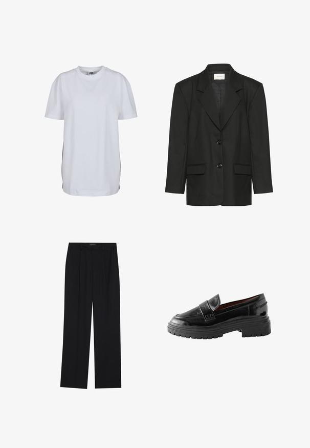 Zwarte blazer met een getailleerde pasvorm, scherpe revers, twee knopen en twee voorzakken, gemaakt van een gladde, gestructureerde stof.; Effen wit T-shirt met korte mouwen en ronde hals, met een rechte zoom en een klein zichtbaar merklabel binnenin de kraag.; Zwarte broeken met een rechte pijpontwerp, voorzien van twee voorkanten zakken en een tailleband. Gemaakt van een gladde, lichte stof.; Zwarte lakleren loafers met een chunky rubberen zool, voorzien van een ronde neus en een gestikte, verhoogde band over de wreef.