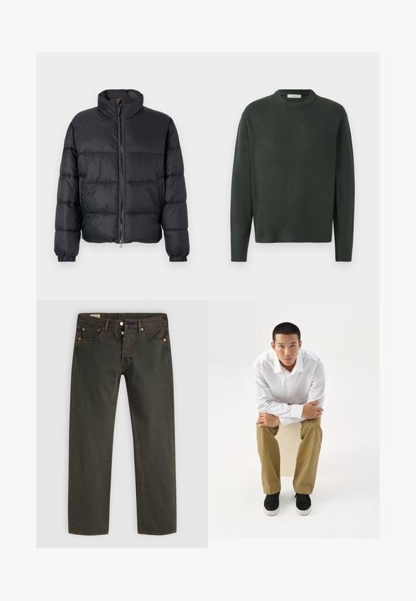 Čierna puff jacket s vysokým golierom, horizontálnym prešívaním, predným zipsom a elastickými manžetami. Vyrobená z ľahkého, hladkého materiálu.; Tmavozelený pletený sveter s okrúhlym výstrihom, dlhými rukávmi a jemnou textúrou, s jednoduchým, bezšvovým dizajnom.; Tmavo zelené džínsy vyrobené z denimu, s rovnou nohavicou, piatimi vreckami, meďou sfarbeným kovovým doplnkom a decentným umývacím vzorom.; Mladý muž v bielom pruhovanom tričku a khaki nohaviciach sedí naklonený dopredu na stoličke s prekríženými rukami, pozerá priamo pred seba na bielom pozadí.