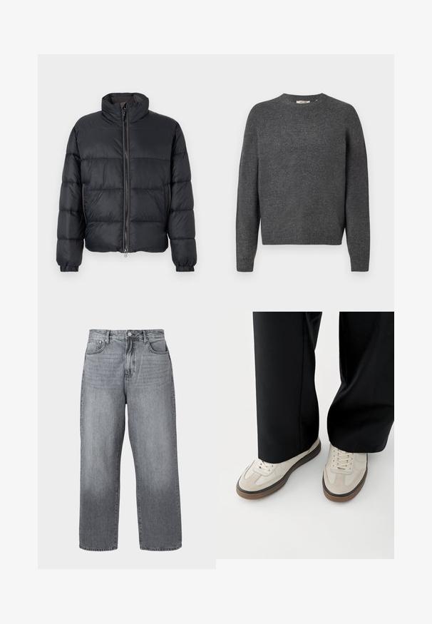 Schwarze Pufferjacke mit hohem Kragen, horizontaler Naht, Frontreißverschluss und elastischen Bündchen. Hergestellt aus leichtem, glattem Material.; Dunkelgrauer Pullover aus weichem Strickmaterial, mit Rundhalsausschnitt, langen Ärmeln und geripptem Saum sowie Bündchen. Schlichte Gestaltung, ohne Muster.; Graue Denim-Jeans im weiten Schnitt mit hoher Taille, Fünf-Taschen-Design und Metallverschluss. Der Stoff zeigt leichte Ausbleichungen nahe dem Saum.; Füße mit beigen Sneakers mit braunen Sohlen und schwarzen Hosen mit weitem Bein auf weißem Hintergrund.