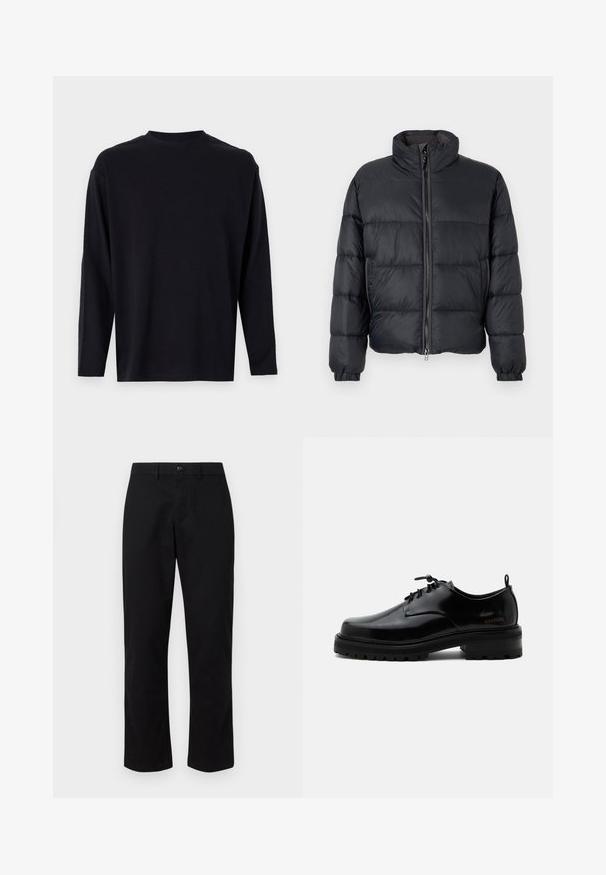 Musthave musta puhvjakken kõrge krae, horisontaalne õmblus, esine lukuga ja elastsete mansettidega. Valmistatud kergest, siledast materjalist.; Must have mustem, millel on pikk varrukas, valmistatud siledast kangast. Omab ümarat kaelust, lahtist lõiget ning ei oma nähtavaid mustreid ega kaunistusi.; GAP SLIM PERFORMANCE STRETCH - Chino-püksid - true black; Mustast poleeritud nahast paeltega jalanõu paksu kummist tallaga ja madala kontsaga, küljes brändi nimi „SAMSOE“ ning taga tõmbenööriga.