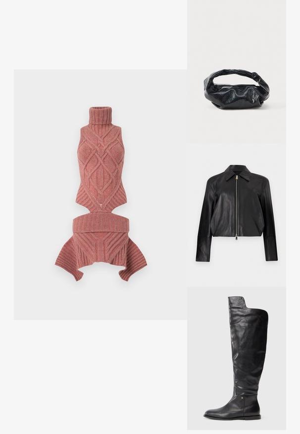 Veste en cuir noire à manches longues, col pointu et fermeture éclair frontale argentée sur fond blanc uni.; Gilet sans manches en maille de couleur rose poudré, présentant un motif géométrique texturé, un col montant côtelé et une coupe courte avec de larges ouvertures pour les bras.; Botte noire en cuir montant jusqu'au genou avec semelle plate et haut légèrement plus large, muni d'une coupe asymétrique sur le côté externe.; Sac noir en matériau texturé et brillant avec une poignée circulaire torsadée et une fermeture éclair. Présente un design doux et froissé.