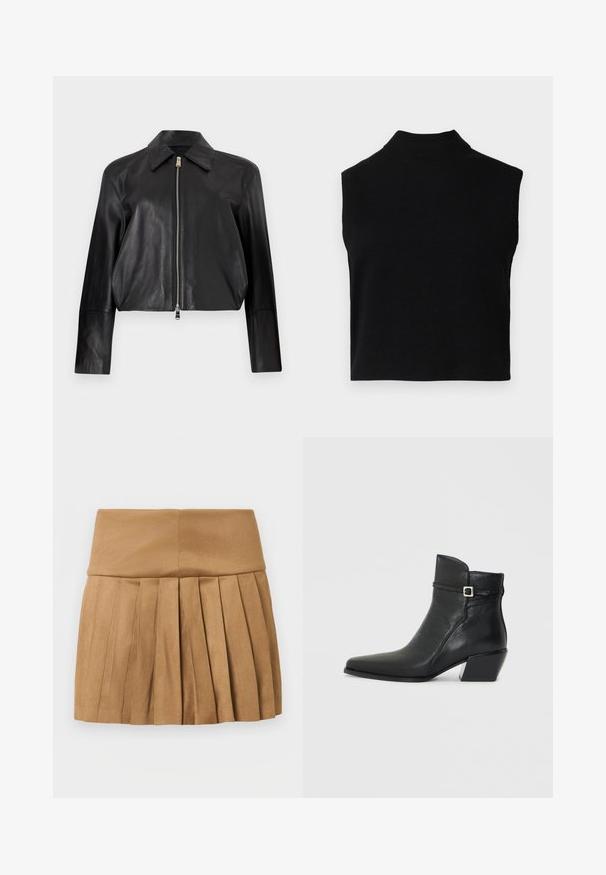 Veste en cuir noire à manches longues, col pointu et fermeture éclair frontale argentée sur fond blanc uni.; Haut noir sans manches avec col roulé, au design ajusté, fabriqué en tissu doux, avec un col côtelé et une texture lisse.; Jupe plissée beige en tissu lisse légèrement brillant. Dotée d'une taille haute et de plusieurs plis verticaux le long de l'ourlet.; Bottines en cuir noir avec un bout pointu, un petit talon carré et une sangle décorative avec une boucle en argent. Texture lisse.