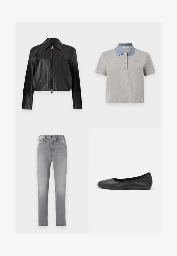 Veste en cuir noire à manches longues, col pointu et fermeture éclair frontale argentée sur fond blanc uni.; Polo gris à manches courtes avec col bleu clair, quatre boutons blancs et petit logo bleu brodé sur la poitrine gauche.; Jean gris taille haute coupe slim avec bouton à l'avant, fermeture éclair et design à cinq poches, présenté sur un fond uni.; Ballerines en cuir noir avec un bout rond, texture lisse, détails de couture minimalistes et design de semelle flexible.