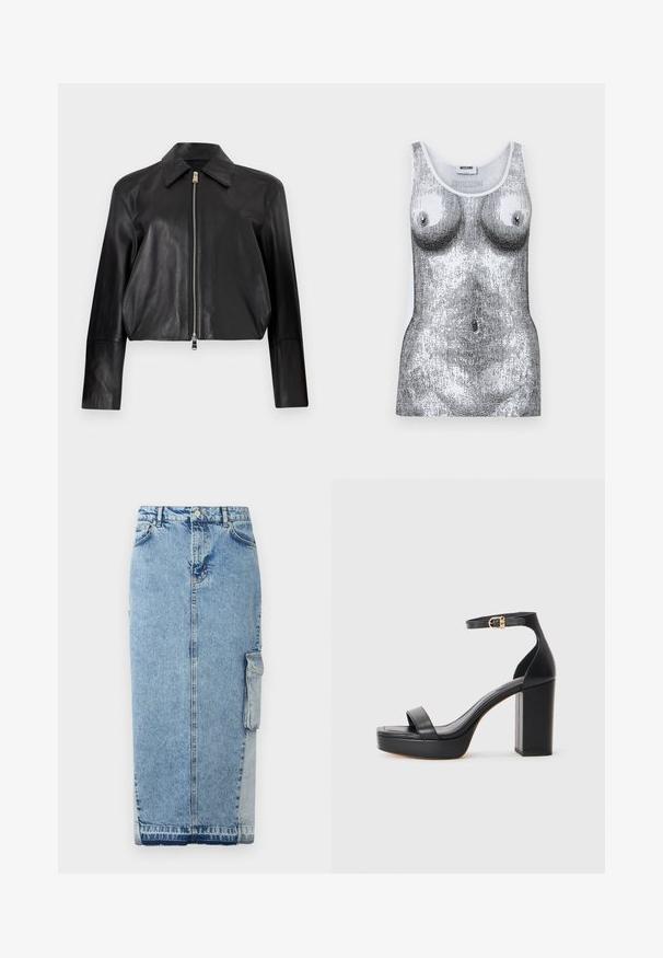 Zwarte leren jas met lange mouwen, puntige kraag en zilveren ritssluiting aan de voorkant, afgebeeld tegen een effen witte achtergrond.; Witte mouwloze tanktop bedrukt met een gedetailleerde zwart-witte afbeelding van een vrouwelijk torso, met borsten en middenrif, gelabeld met het Moschino-merk.; Leren rok in lichtblauw, met een rechte snit, sluiting met knopen aan de voorkant, zijzakken en een opvallend contrasterend stofpaneel.; Zwarte platform sandalen met een dikke blokhak, van glad leer, open teen ontwerp en een enkelband met een gouden gesp accent.