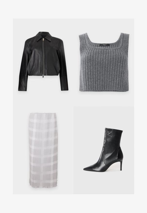 Musta nahkatakki, jossa on pitkät hihat, terävä kaulus ja edessä hopeinen vetoketjusuljin, valkoisella tavallisella taustalla.; Weekend Max Mara ZURCA - Toppi - antracite; Pitkä, läpikuultava hame valkoisena harmaalla ruutukuviolla. Pehmeä, kevyt kangas ja joustava vyötärö, hempeästi nilkkapituinen.; Mustat nilkkurit, jotka on valmistettu sileästä nahasta. Kenkien kärki on terävä, varsi on tiukka ja korko on hoikka ja korkea. Minimalistinen muotoilu ilman näkyvää metalliosaa.