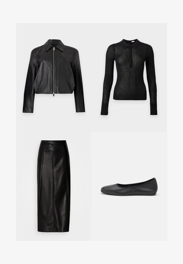 Veste en cuir noire à manches longues, col pointu et fermeture éclair frontale argentée sur fond blanc uni.; Haut en tricot noir à manches longues, ajusté, avec une texture transparente et un col uni, patte de boutonnage à l'avant, présenté sur un fond uni.; Jupe midi en cuir noir avec une taille ajustée, une texture lisse, des détails de coutures apparentes et une silhouette droite. Aucune décoration présente.; Ballerines en cuir noir avec un bout rond, texture lisse, détails de couture minimalistes et design de semelle flexible.
